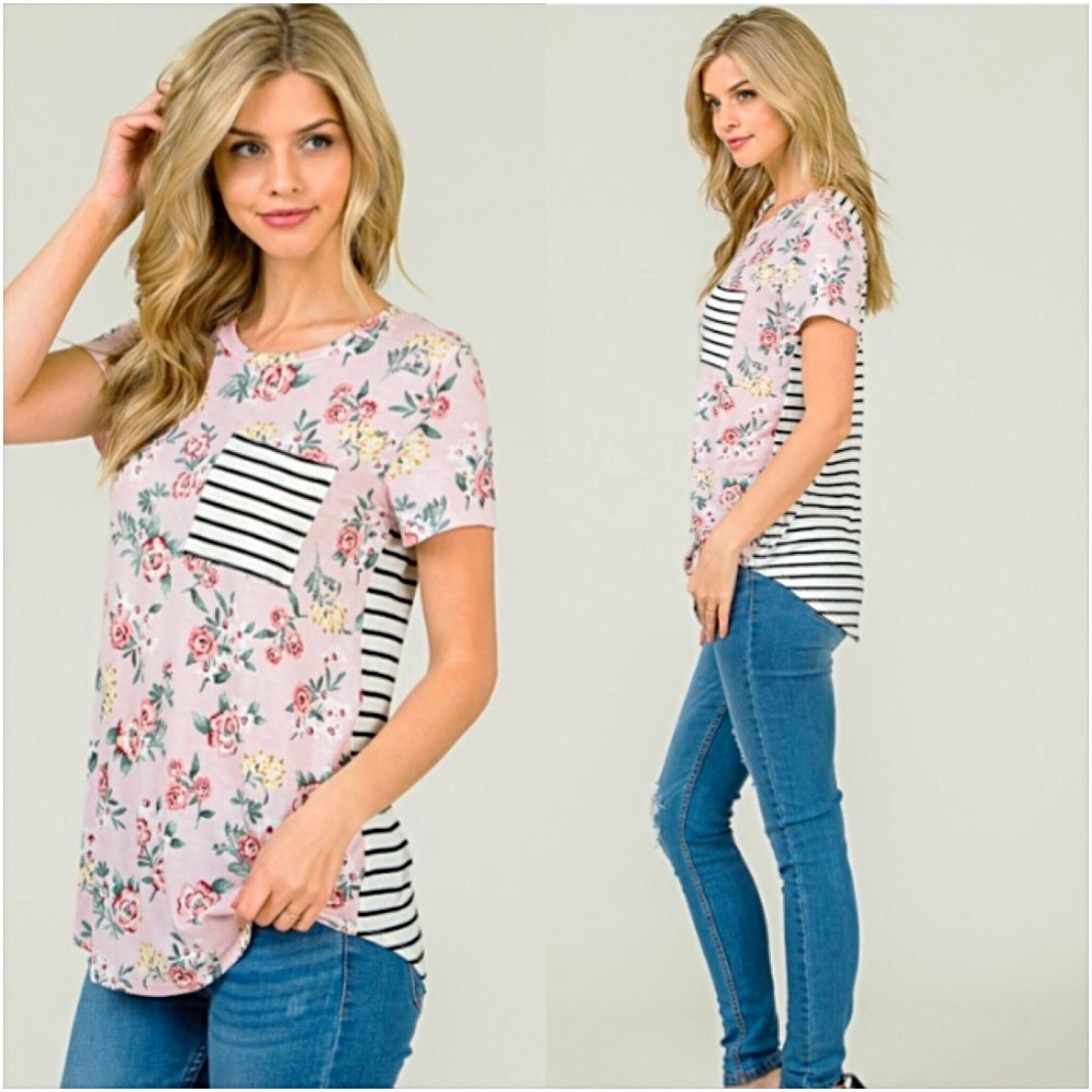 Adorable Blush Floral Striped PocketTee SML - Picture 4 of 8